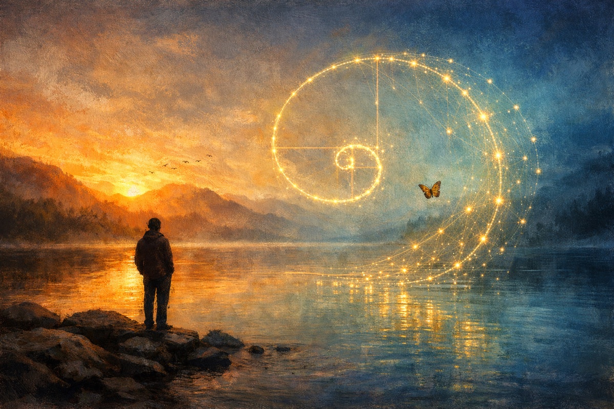 On Patterns and Change - A person standing at the edge of a lake at sunset, with golden spirals and interconnected patterns emerging in the sky, symbolizing the interplay of habit, change, and awareness